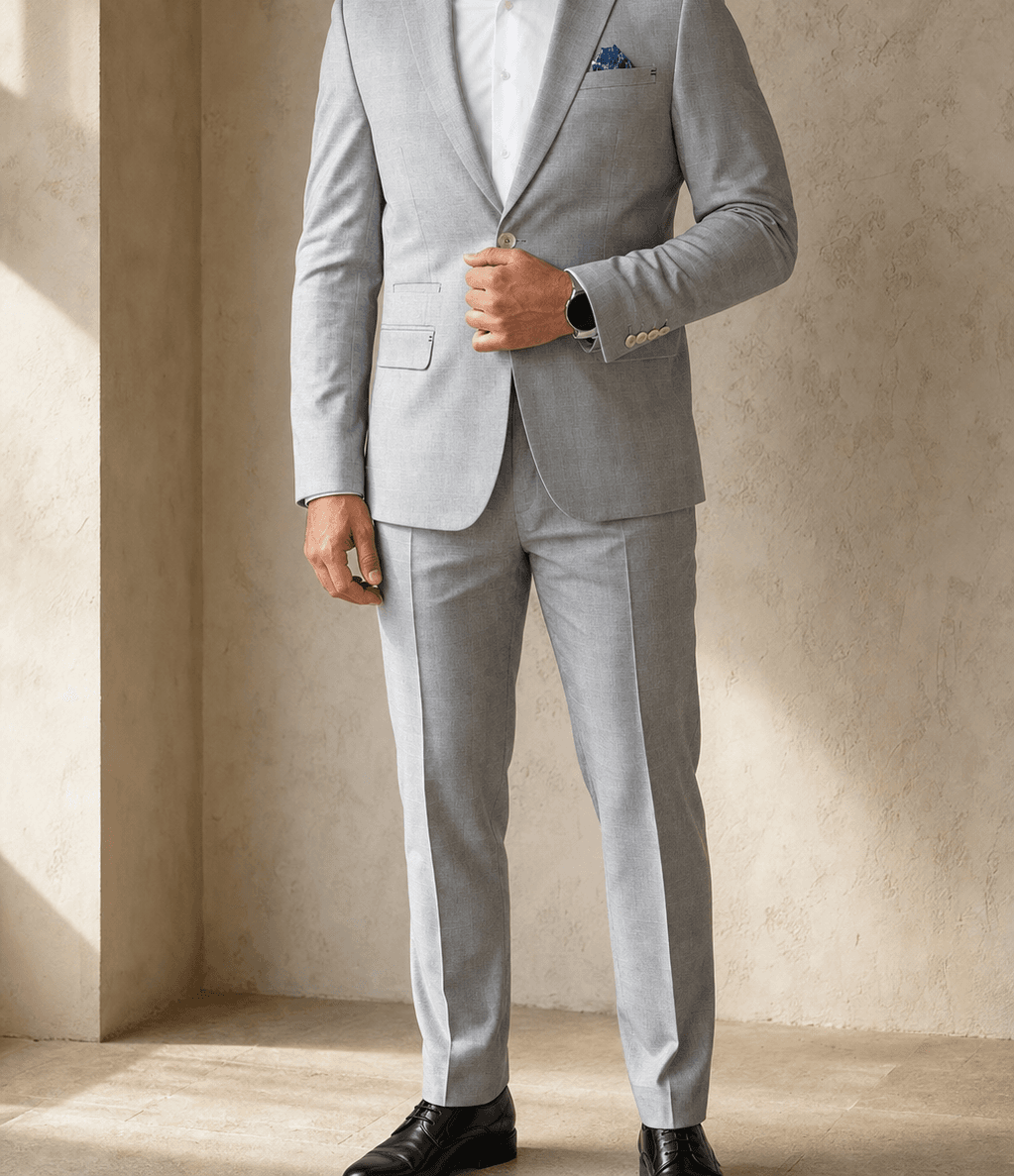 Costume Liam gris Au Noir porté dans un atelier aux tons pierre