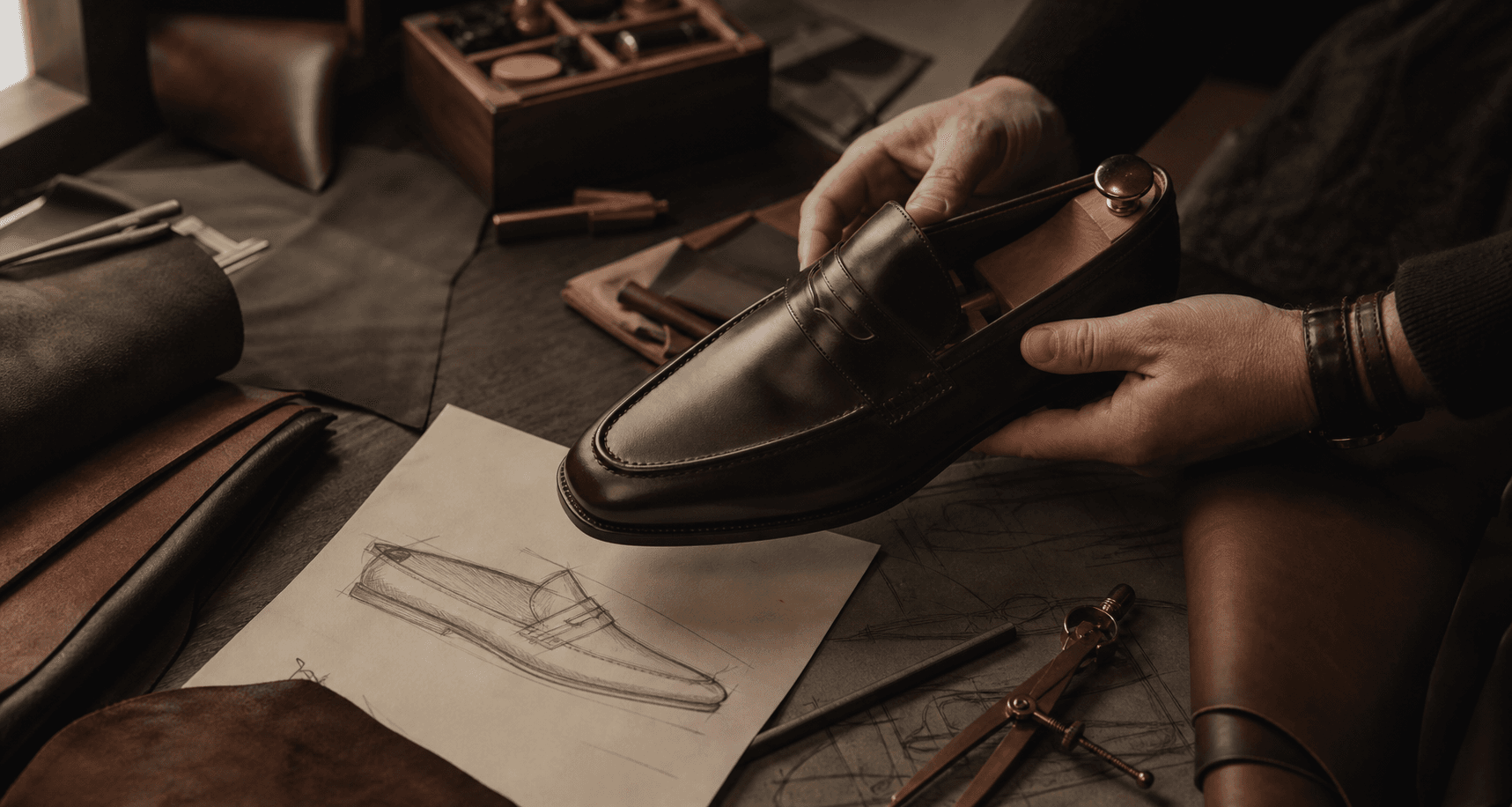 Designer examining a leather loafer over original shoe sketches