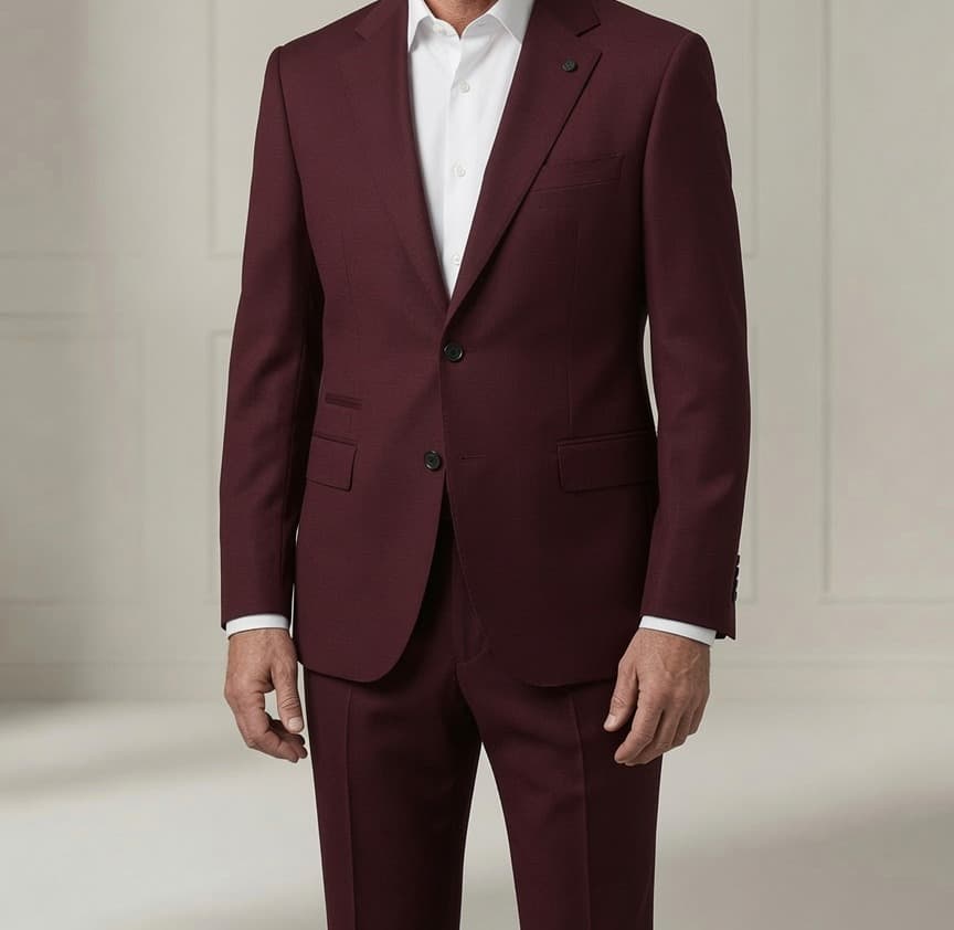 Burgundy suit with white shirt